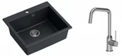 Zlewozmywaki z baterią - Quadron Zlewozmywak granitowy jednokomorowy 57*50*22 cm MORGAN 110 BLACK DIAMOND ze stalowym odpływem z baterią NATALIE Q LINE kolor stal szczotkowana - miniaturka - grafika 1