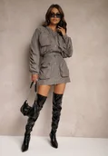 Komplety damskie - Szary Komplet Kurtka Bomberka z Marszczeniem na Rękawach Spódnica Ozdobiona Kieszeniami Dlisera - miniaturka - grafika 1