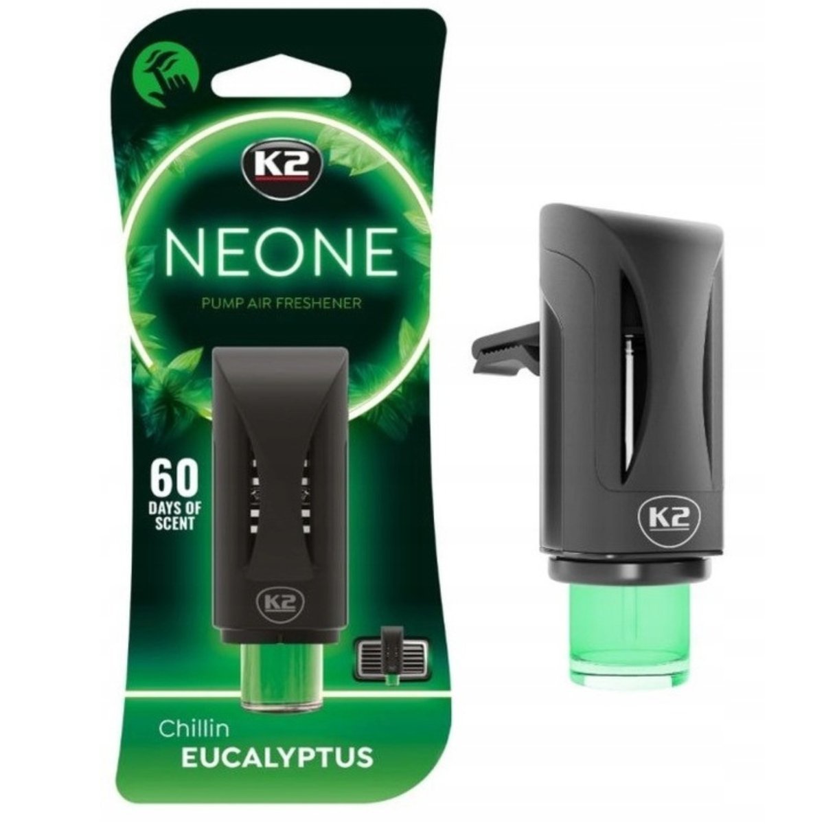 K2 V374 NEONE Chillin EUCALIPTUS Zapach do Auta w Kratkę Nawiewu z Pompką