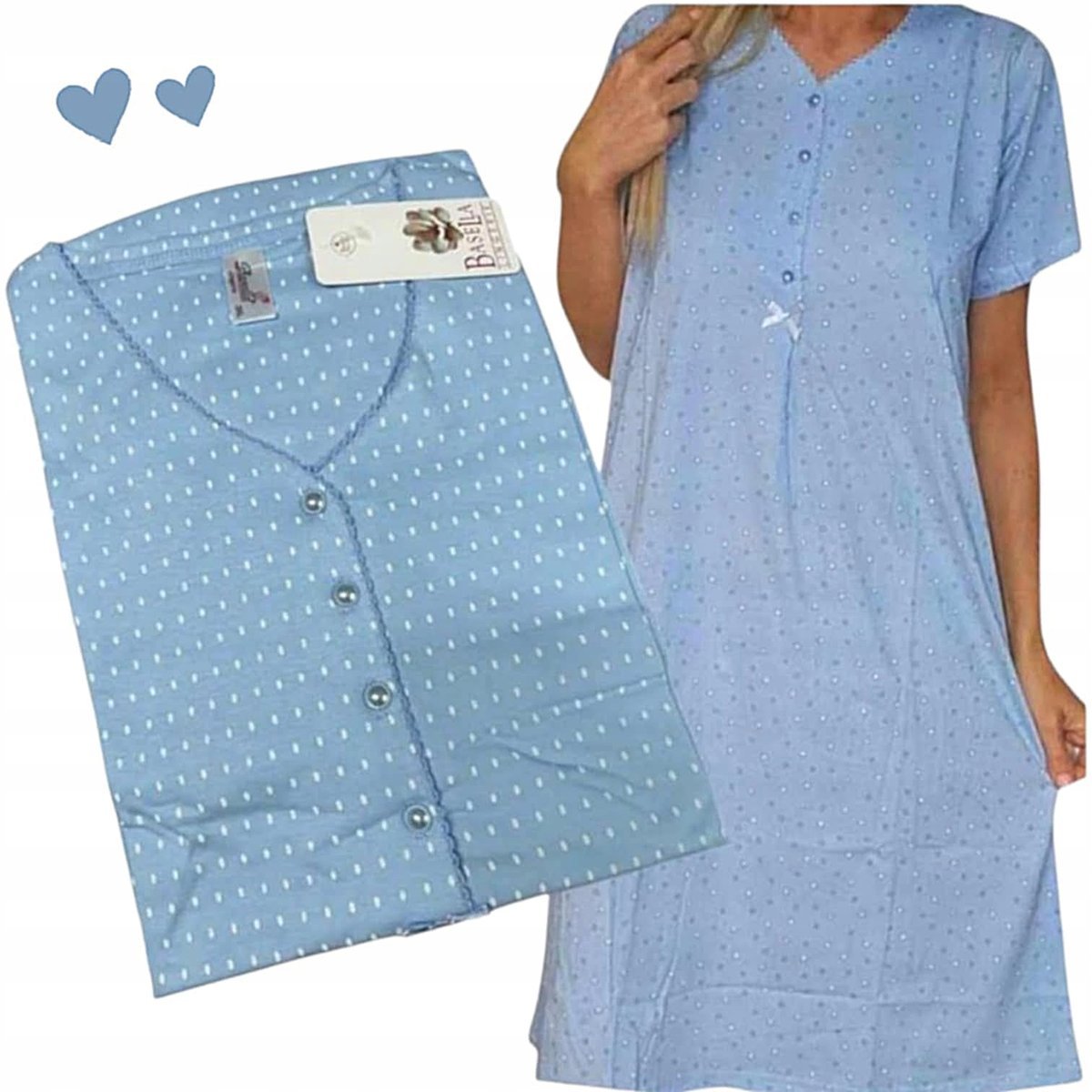 KOSZULA NOCNA BASII ROZPINANA BAWEŁNA groszki błękit piżama 50 52 2xl 3xl