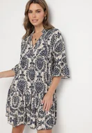 Sukienki - Granatowa Rozkloszowana Sukienka z Bawełny z Falbanami w Ornamentalny Wzór Lanoreth - miniaturka - grafika 1