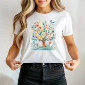 Koszulki i topy damskie - Koszulka biała z nadrukiem z kolorowymi piórkami c167 - miniaturka - grafika 1