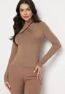Bluzki damskie - Brązowa Bluzka z Półgolfem Ozdobiona Drapowaniem Binare - miniaturka - grafika 1