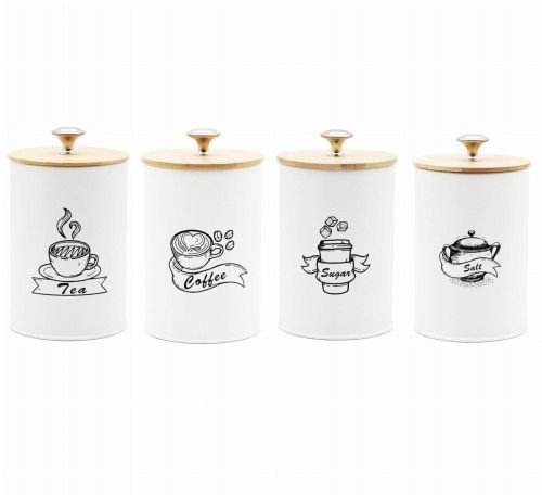 Komplet Metal + Bambus Zestaw 4 Pojemników Kawa Herbata Cukier Sól