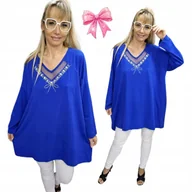Bluzki damskie - ELEGANCKA TUNIKA KOKARDA CYRKONIE srebro bluzka duży rozmiar 50 52 5XL 3247 - miniaturka - grafika 1