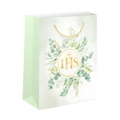 Pamiątka Pierwszej Komunii Świętej - Torebka prezentowa komunijna złote IHS eukaliptus 32cm - miniaturka - grafika 1