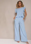 Komplety damskie - Niebieski Komplet z Wiskozą Spodnie o Szerokim Kroju i Bluzka z Baskinką Evellimi - miniaturka - grafika 1