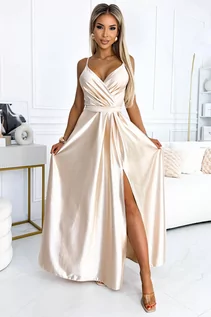 Sukienki - Elegancka długa satynowa suknia z dekoltem i rozcięciem na nogę  - BEŻOWA - grafika 1