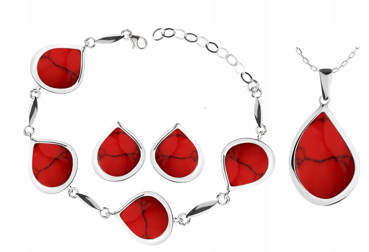 Komplet Srebrnej Biżuterii Łezki Z Koralami Klipsy