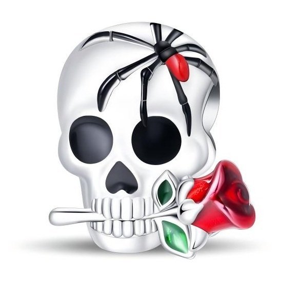Zawieszka Charms SREBRO 925 Koralik Czaszka z Pająkiem i Czerwoną Różą