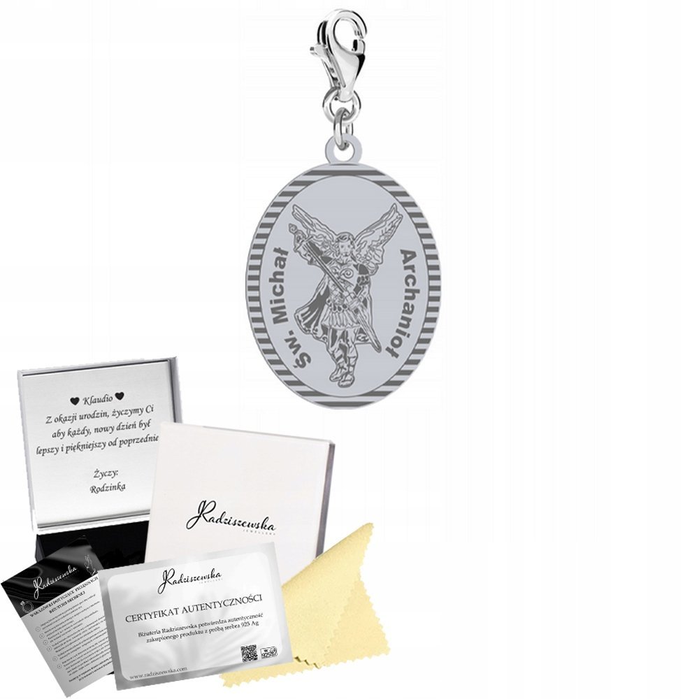 Charms Srebrny Św. Michał Archanioł Prezent Biżuteria ŻYCZENIA GRATIS