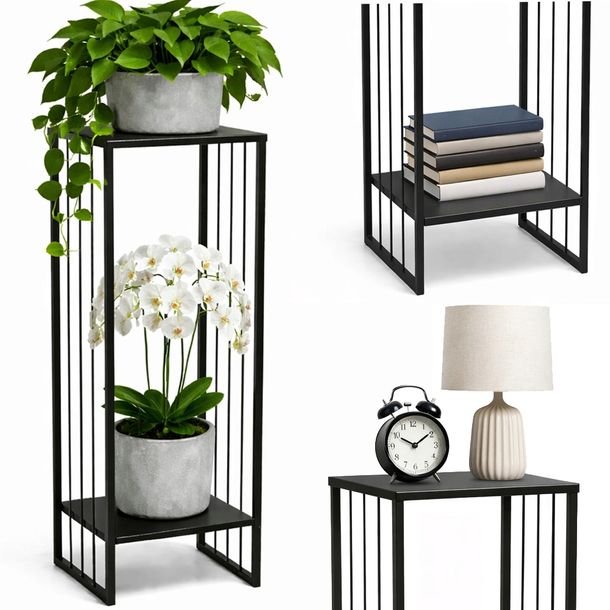 Stojak na kwiaty metalowy loft 60 cm czarny 2 półki stolik nocny polski