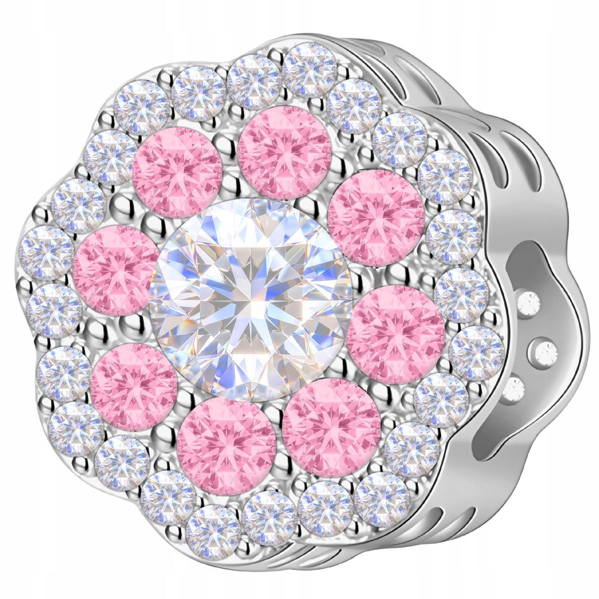 Charms Srebrny Kwiat Flower Różowe Białe Cyrkonie z Kwiatek SREBRO 925
