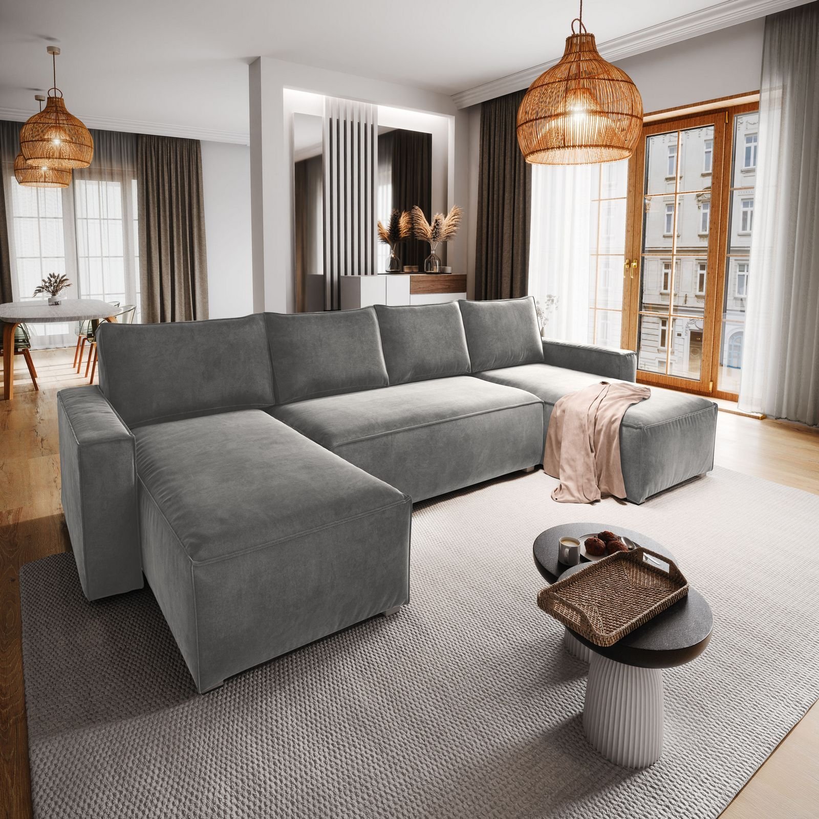 Masseno Narożnik DENI z funkcją spania i pojemnikiem na pościel Kształt U, Rozkładana sofa, Rogówka - Jasnoszary, MONOLITH 84