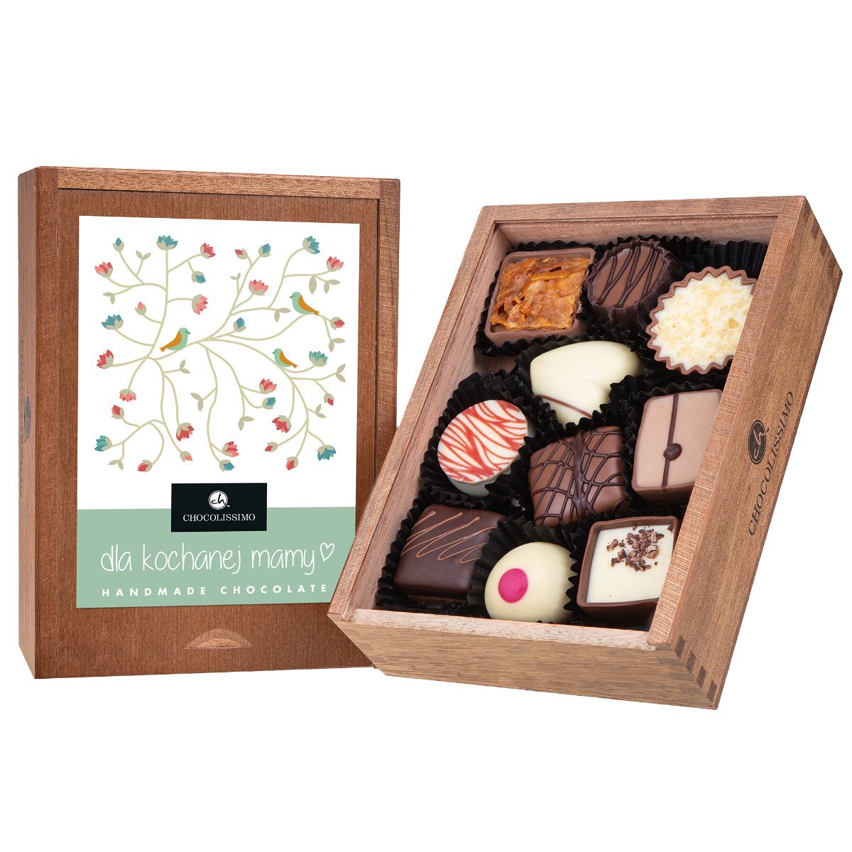Zestaw 10 pralin z dedykacją „Dla kochanej Mamy” na drewnianej szkatułce 125 g Prezent z belgijskiej czekolady na Dzień Mamy