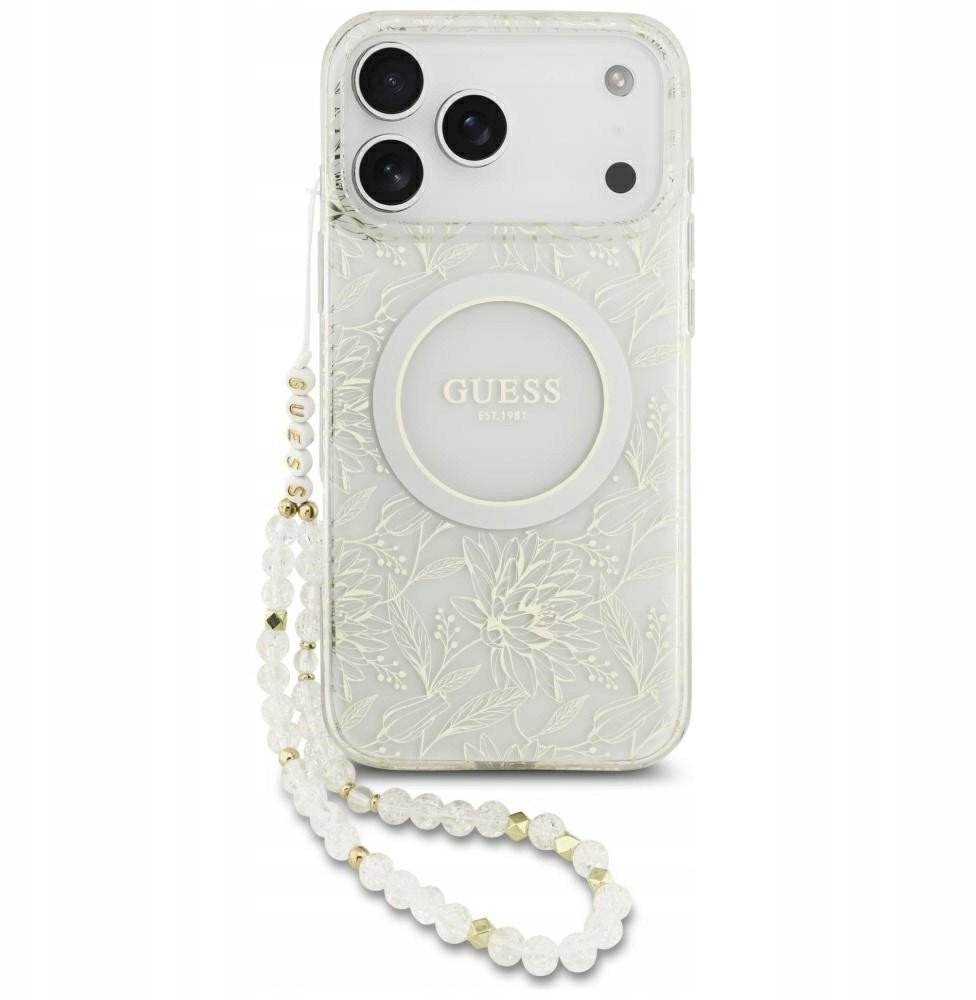 Etui Guess IML Flowers Electro Pearl Strap MagSafe do iPhone 17 Pro Max biały