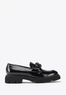 Damskie mokasyny skórzane z łańcuchem z kryształków czarne 41 - Półbuty damskie - miniaturka - grafika 1