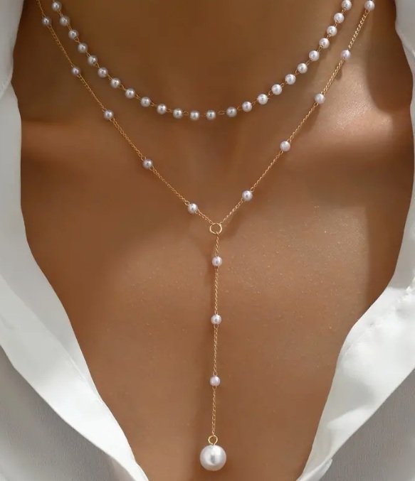 Warstwowy Naszyjnik Krawatka z Perełkami - Złoty N-44