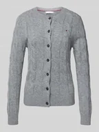 Swetry damskie - Kurtka o kroju regular fit z dzianiny z czystej wełny ze ściegiem warkoczowym - miniaturka - grafika 1
