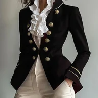 Marynarki i żakiety damskie - TEMU Elegancki, dwurzędowy, damski blazer w stylu vintage - stylowa, jednokolorowa kurtka do garnituru z kieszeniami, długimi rękawami, poliestrem, - miniaturka - grafika 1