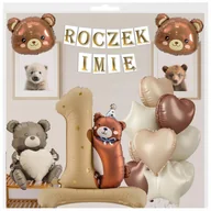 Baby shower i roczek - BALONY NA PIERWSZE URODZINY ROCZEK IMIĘ BANER PERSONALIZOWANY BALON 1 MIŚ - miniaturka - grafika 1
