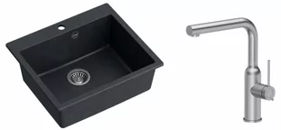 Quadron Zlewozmywak granitowy jednokomorowy 57*50*22 cm MORGAN 110 BLACK DIAMOND ze stalowym odpływem z baterią ANGELINA Q LINE z wyciąganą wylewką kolor stal szczotkowana - Zlewozmywaki z baterią - miniaturka - grafika 1