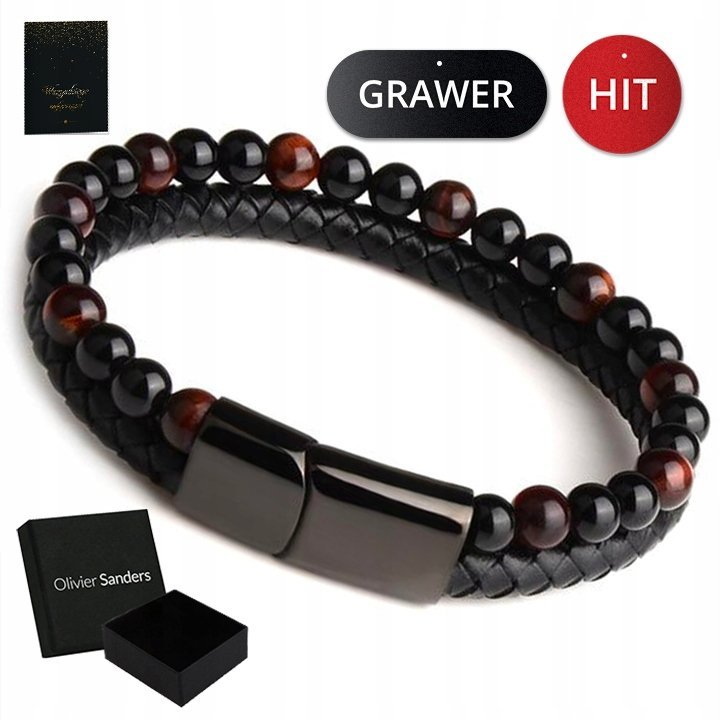 Skórzana Bransoletka Męska Koraliki Czarna Grawer