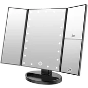 Lusterka do makijażu - Lustro do makijażu z 21 diodami LED, powiększenie 1x/2x/3x, składane na trzy części, lusterko podróżne z możliwością ładowania (czarne) - miniaturka - grafika 1