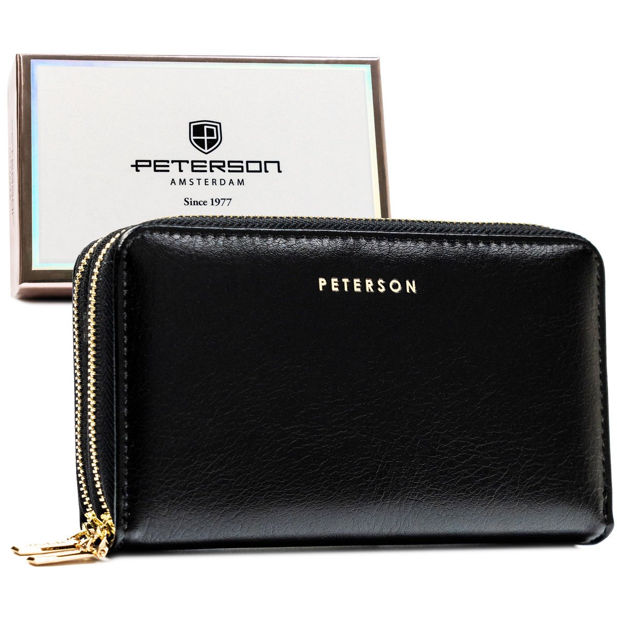 Portfel damski na suwak czarny ze złotymi okuciami skóra ekologiczna PETERSON poziomy średniej wielkości typu piórnik pudełko na prezent ochrona kar..