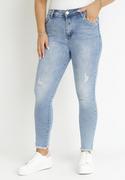 Spodnie damskie - Jasnoniebieskie Jeansy Skinny z Przetarciami Leovena - miniaturka - grafika 1