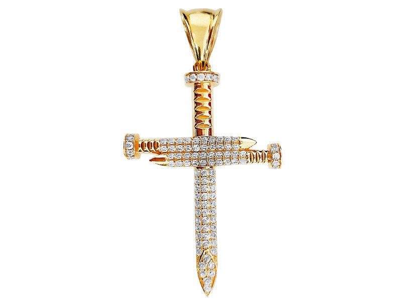 Złota zawieszka 585 duży efektowny krzyż z gwoźdźmi zdobiony cyrkoniami