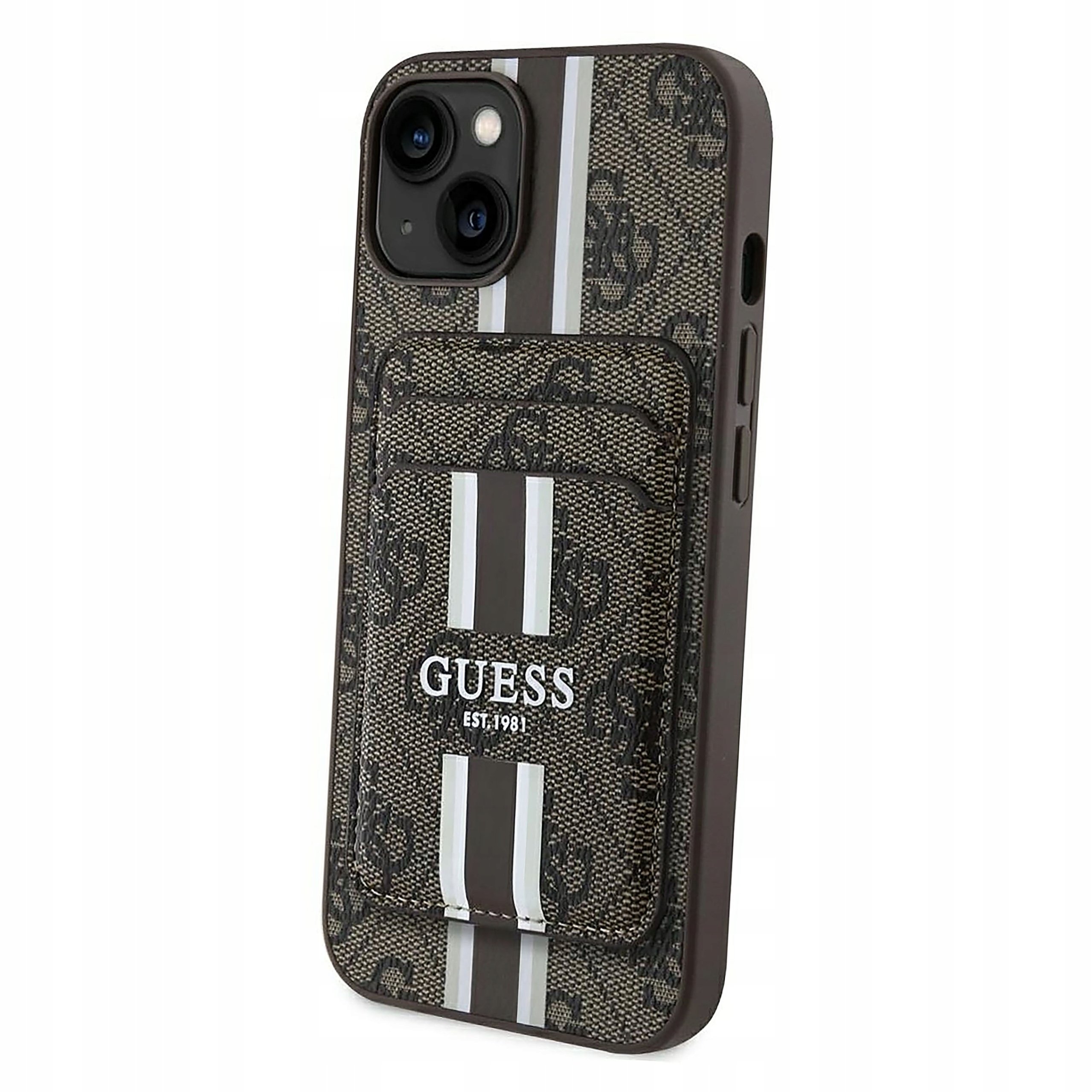 Plecki Etui Guess 4G Stripes z portfelem Magsafe do iPhone 15 brązowy