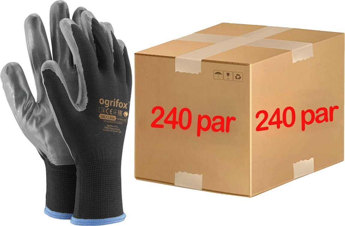 Ogrifox Rękawice robocze / Czarne / OX-NITRICAR_BS - 240 Par 7 - S