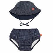 Kąpielówki dla chłopców - Lassig Zestaw kapelusz i majteczki do pływania z wkładką chłonną Polka Dots navy UV 50+ 6 m-cy - miniaturka - grafika 1