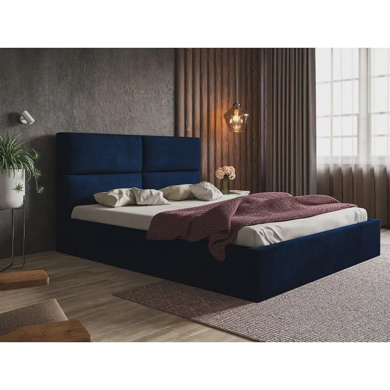 Łóżko tapicerowane SIM 6 z zagłówkiem, 120x200 cm, łóżko podwójne z podstawą łóżka i stelażem wykonanym z drewna, tkanina welurowa, kolor: niebieski