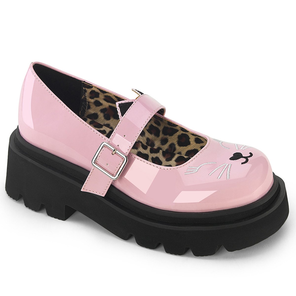 RENEGADE-56 DemoniaCult wegańskie damskie czółenka na platformie z haftowaną kocią twarzą w kolorze baby pink patent