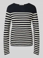 Swetry damskie - Sweter z dzianiny o kroju regular fit z czystej bawełny ze wzorem w paski - miniaturka - grafika 1