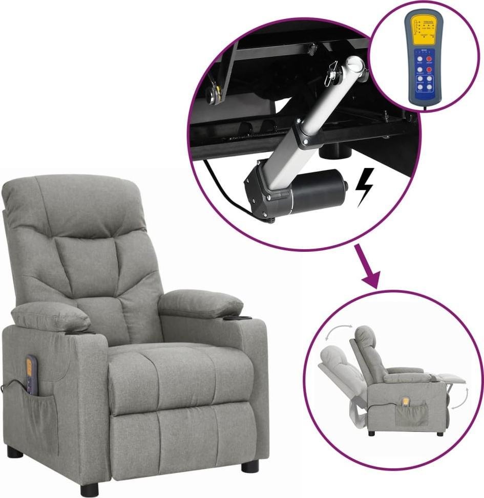 vidaXL vidaXL Rozkładany fotel masujący, podnoszony, jasnoszary, tkanina