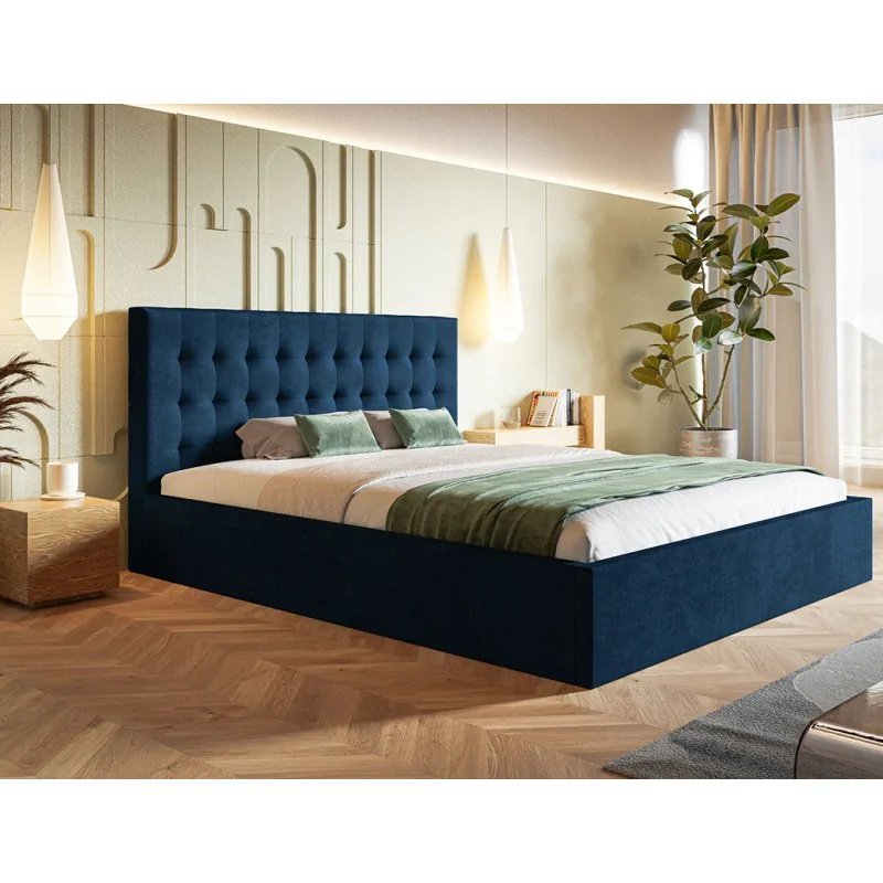 Łóżko tapicerowane SIM 2 z zagłówkiem, 120x200 cm, łóżko podwójne z podstawą łóżka i stelażem wykonanym z drewna, tkanina welurowa, kolor: niebieski