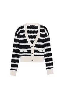 Swetry damskie - faina Damski kardigan w paski, modny kardigan z dekoltem w kształcie litery V, akryl wełniany biały, czarny, rozmiar XL/XXL, wełniany biały czarny, XL - grafika 1