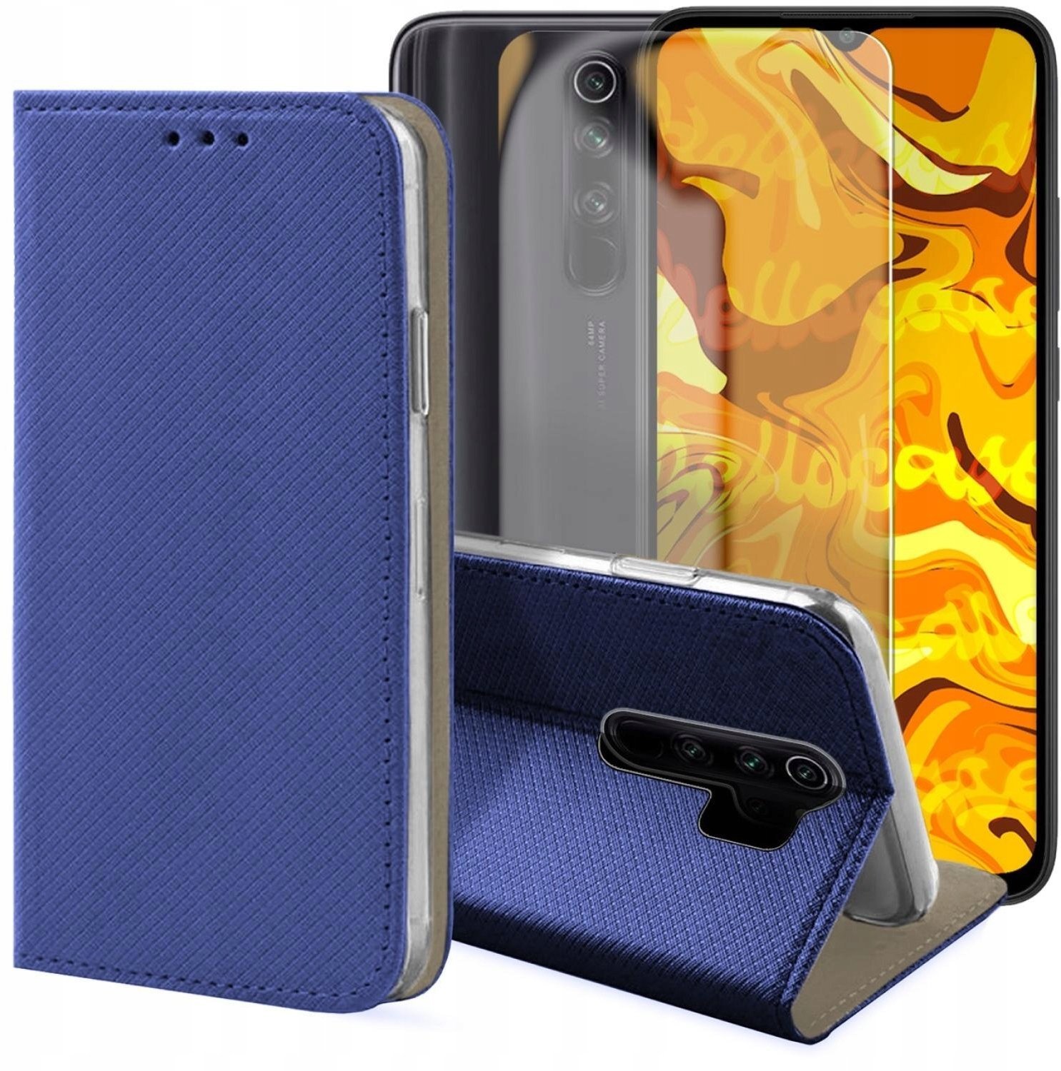 Hello Case Etui z Klapką Do Xiaomi Redmi Note 8 Pro Granatowe, Magnetyczne Szkło