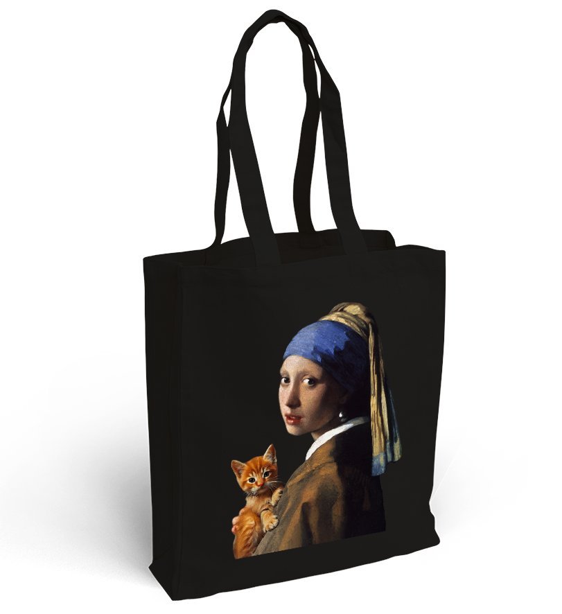 Torba bawełniana z nadrukiem Dziewczyna z perłą i z rudym kotkiem