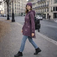 Kurtki damskie - Kurtka parka damska fioletowa cieniowana z kapturem gwiazdki złote wiązana UNI - miniaturka - grafika 1