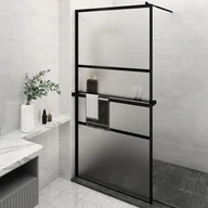 Ścianki i drzwi prysznicowe - vidaXL VidaXL Ścianka prysznicowa z półką czarna, 115x195 cm ESG i aluminium - miniaturka - grafika 1