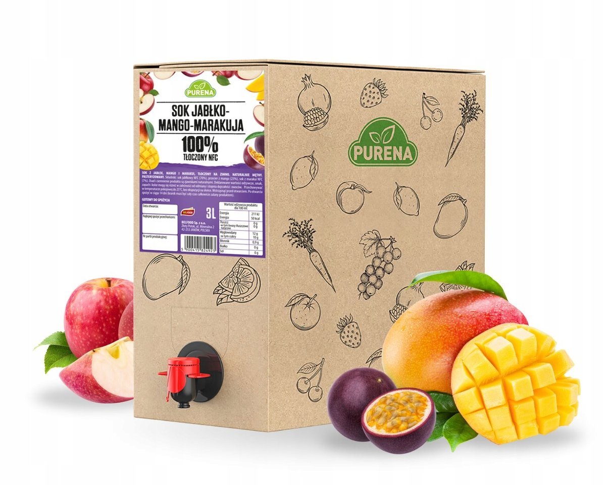 Sok jabłkowy z mango i marakują 100% tłoczony NFC PURENA 3 L