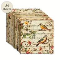Rękodzieło - TEMU 24 Arkusze Papieru do Scrapbookingu z Motywem Vintage Ptaków i Kwiatów, 6x6 Cali, Ręcznie Robione Materiały do Origami z Wzorami Nut Muzycznych - miniaturka - grafika 1