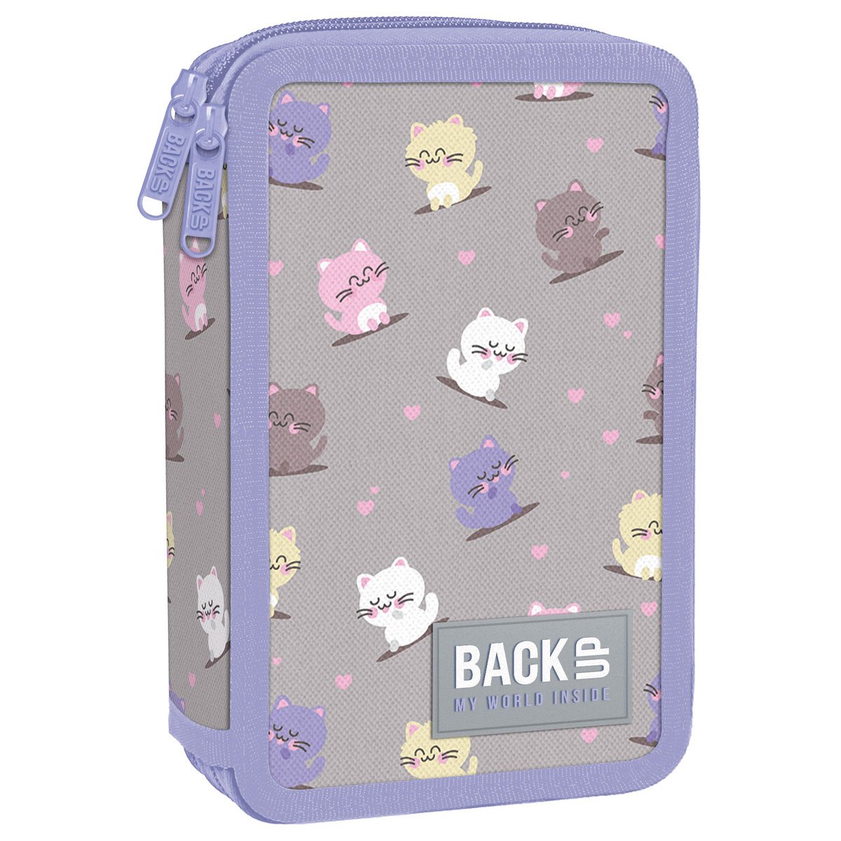Piórnik z wyposażeniem dwukomorowy dla dziewczynki BackUP, kotki kawaii, pastelowy