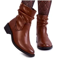 Botki damskie - Sergio Leone Damskie Marszczone Botki Na Płaskim Obcasie Brązowe Sersa - miniaturka - grafika 1