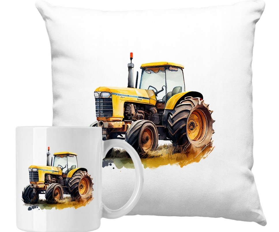 ZESTAW PODUSZKA + KUBEK Żółty Traktor Rolnik Pomysł Na Prezent +IMIĘ #3