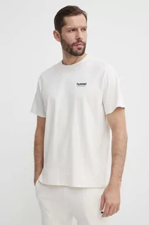 Koszulki męskie - Hummel t-shirt bawełniany męski kolor beżowy z nadrukiem - grafika 1
